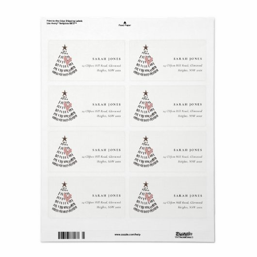 Scandi Minimal Blush Heart Christmas Tree Address ラベル (フルシート)