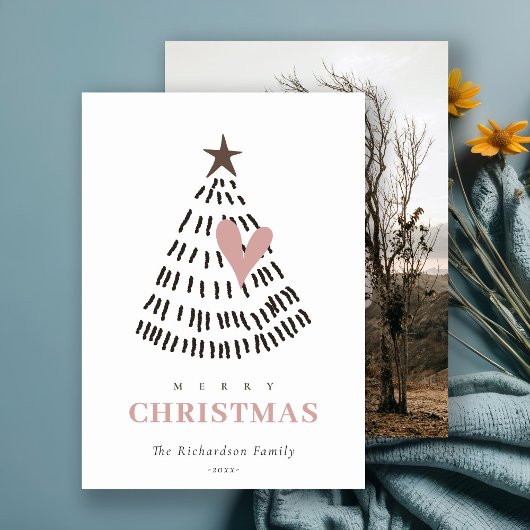 Scandi Minimal Blush Heart Christmas Tree Photo シーズンカード
