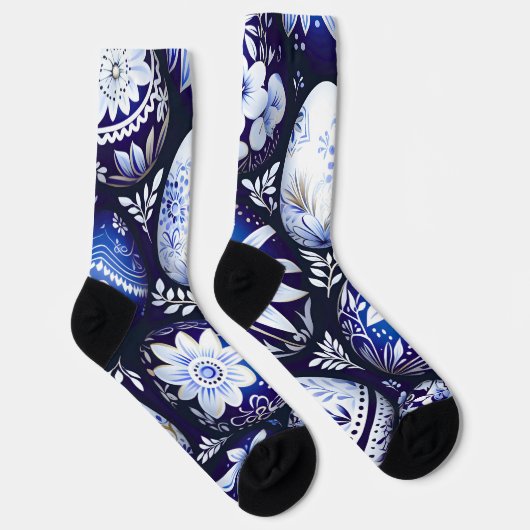 Scandinavian Blue Easter Egg Spring Floral ソックス (右)