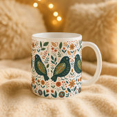 Scandinavian Folk Art Birds and Floral Pattern Mug コーヒーマグカップ