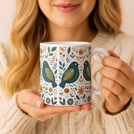 Scandinavian Folk Art Birds and Floral Pattern Mug コーヒーマグカップ