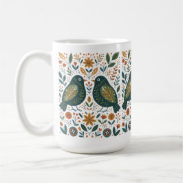 Scandinavian Folk Art Birds and Floral Pattern Mug コーヒーマグカップ