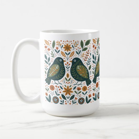 Scandinavian Folk Art Birds and Floral Pattern Mug コーヒーマグカップ (左)