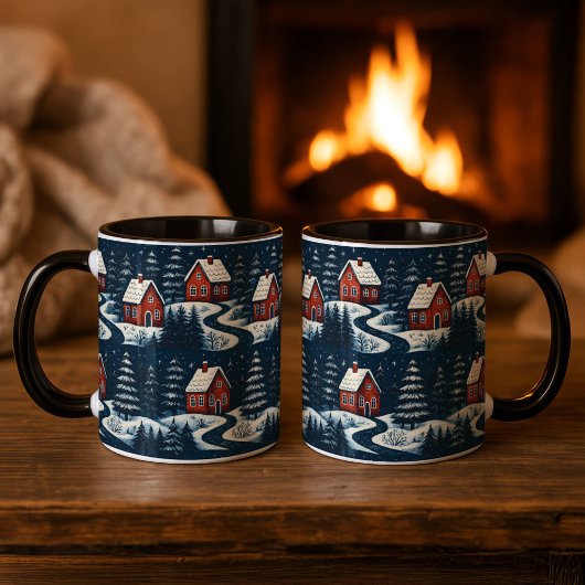 Scandinavian Folk Art Cozy Winter Cabin Mug マグカップ