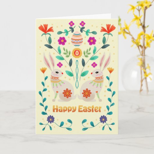 Scandinavian Folk Easter Bunnies  カード (黄色い花)