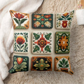 Scandinavian Folk Floral Tile Pattern Throw Pillow クッション (ブランケット)