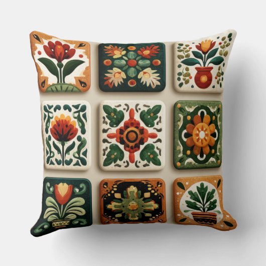 Scandinavian Folk Floral Tile Pattern Throw Pillow クッション (裏面)