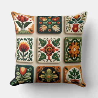Scandinavian Folk Floral Tile Pattern Throw Pillow クッション