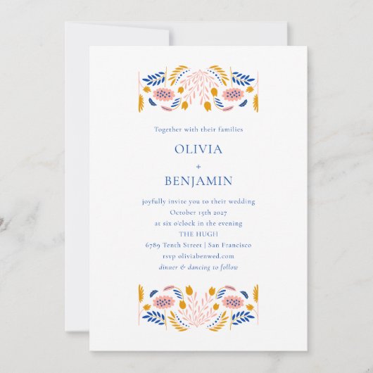 Scandinavian Folk Flowers Blue Yellow Chic Wedding 招待状 (正面)