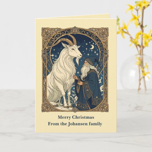Scandinavian Julbocken Yule Goat and Jultomten カード (黄色い花)