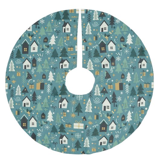 Scandinavian Merry Christmas Tree Winter Snow ブラッシュドポリエステルツリースカート (正面)