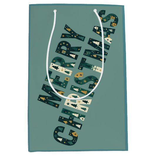 Scandinavian Merry Christmas Tree Winter Snow ミディアムペーパーバッグ (正面)