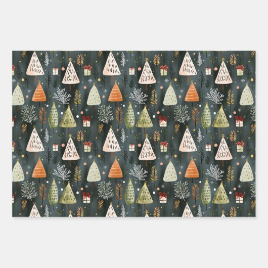 Scandinavian Nordic Christmas Pine Tree Pattern ラッピングペーパーシート (正面)