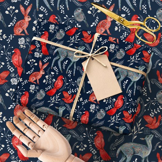 Scandinavian Nordic Folk Woodland Animals Winter ラッピングペーパー