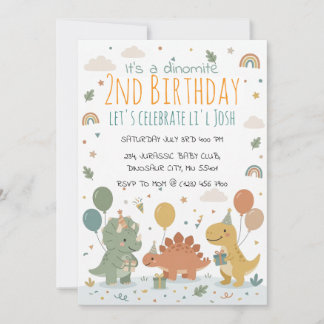 Scandinavian Pastel Dinosaur 2nd Birthday Party 招待状