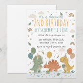 Scandinavian Pastel Dinosaur 2nd Birthday Party 招待状 (正面/裏面)