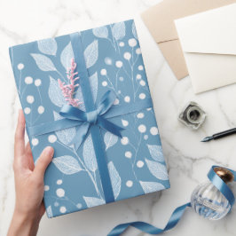 Scandinavian Soft Blue Leaf White Floral Pattern ラッピングペーパー