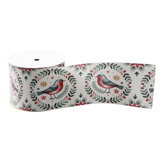 Scandinavian Vintage Christmas Folk Art Pattern グログランリボン (リール)