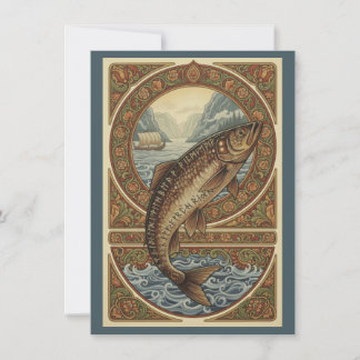 Scandinavian Woodland Salmon Art Flat Thank You サンキューカード