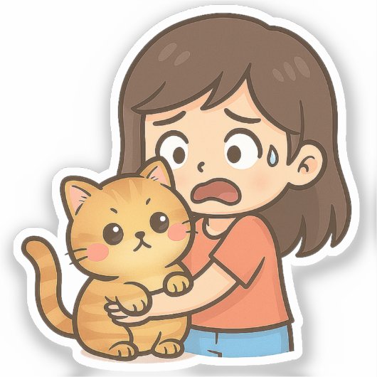 Scared Girl Hugging Her Cat シール (正面)