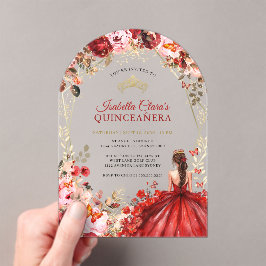 Scarlet Elegance Gold Enchanted Floral Quinceanera アクリル招待状