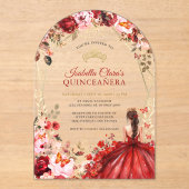Scarlet Elegance Gold Enchanted Floral Quinceanera アクリル招待状 (正面)