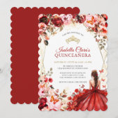 Scarlet Elegance Gold Enchanted Floral Quinceanera 招待状 (正面/裏面)