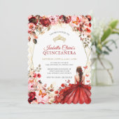 Scarlet Elegance Gold Enchanted Floral Quinceanera 招待状 (スタンド正面)