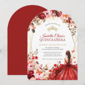 Scarlet Elegance Gold Enchanted Floral Quinceanera 招待状 (正面/裏面)