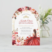 Scarlet Elegance Gold Enchanted Floral Quinceanera 招待状 (スタンド正面)