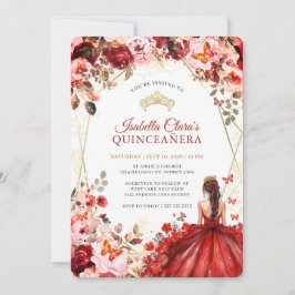 Scarlet Elegance Gold Enchanted Floral Quinceanera 招待状