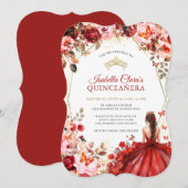 Scarlet Elegance Gold Enchanted Floral Quinceanera 招待状 (正面/裏面)