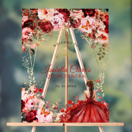 Scarlet Enchanted Floral Gold Quinceanera Welcome アクリルサイン