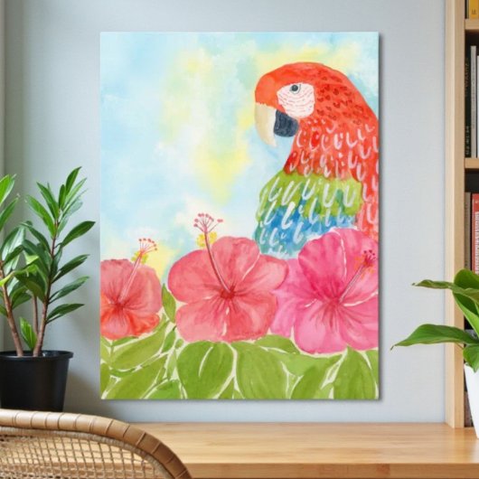 Scarlet Macaws and Pink Hibiscus Poster ポスター