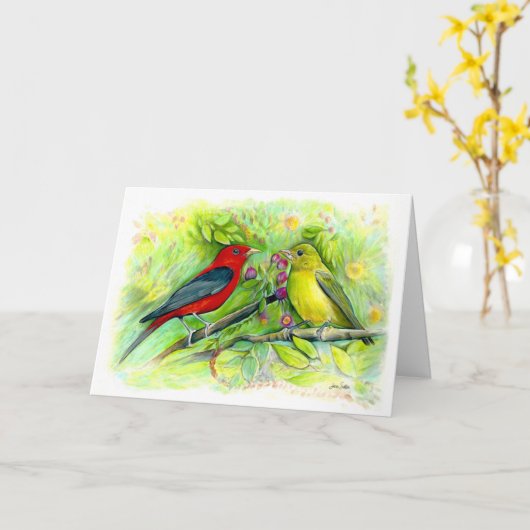 Scarlet Tanagers Watercolor ハッピーバースデー カード (黄色い花)