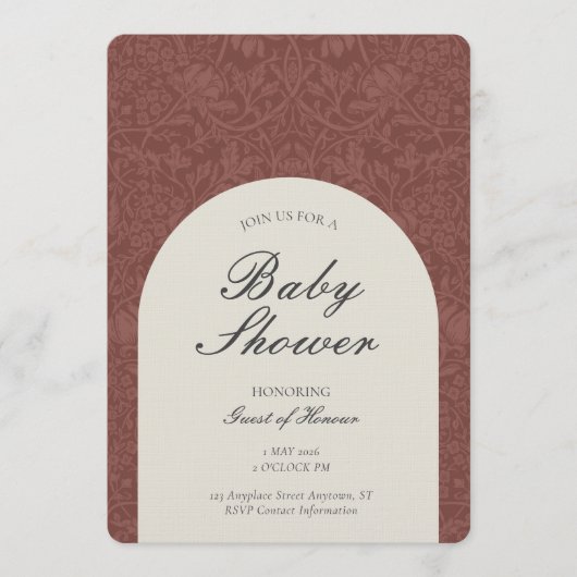 Scarlet Traditional Floral Arts and Crafts Shower 招待状 (正面)