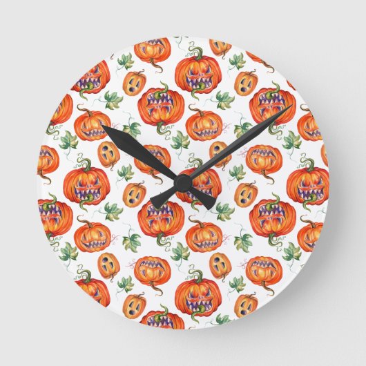 Scary and smiling Halloween pumpkin Throw Pillow ラウンド壁時計 (正面)