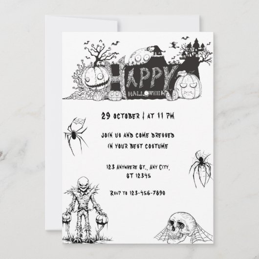 Scary Black and White happy Halloween Party 招待状 (正面)