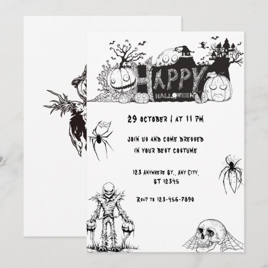Scary Black and White happy Halloween Party 招待状 (正面/裏面)