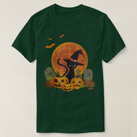Scary Black Witch Cat Vintage Halloween Pumpkin Tシャツ (デザイン正面)