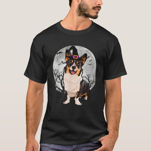 Scary Cardigan Welsh Corgi Dog Witch Hat Halloween Tシャツ (正面)