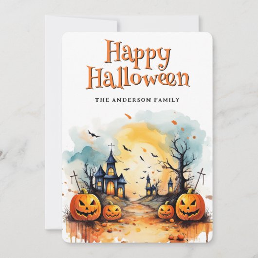 Scary Church Graveyard Pumpkins Bat Halloween Card シーズンカード (正面)