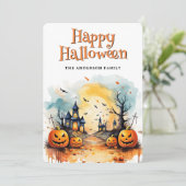 Scary Church Graveyard Pumpkins Bat Halloween Card シーズンカード (スタンド正面)