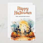 Scary Church Graveyard Pumpkins Bat Halloween Card シーズンカード (正面/裏面)