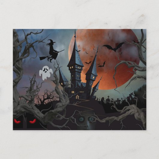 Scary Dark Halloween Night with Moon, Witch ポストカード (正面)