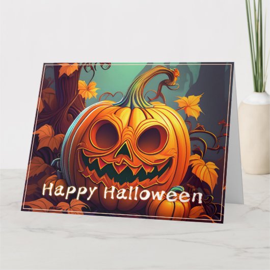 Scary Looking Orange Pumpkin with Face, Halloween カード (正面)