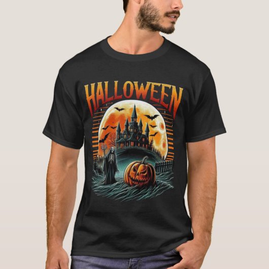 Scary Moonlit Haunted Castle Grim Reaper Halloween Tシャツ (正面)