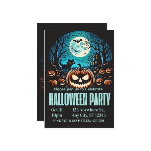 Scary Pumpkin Moonlit Halloween Party Invite 招待状 (正面/裏面インサイチュ)