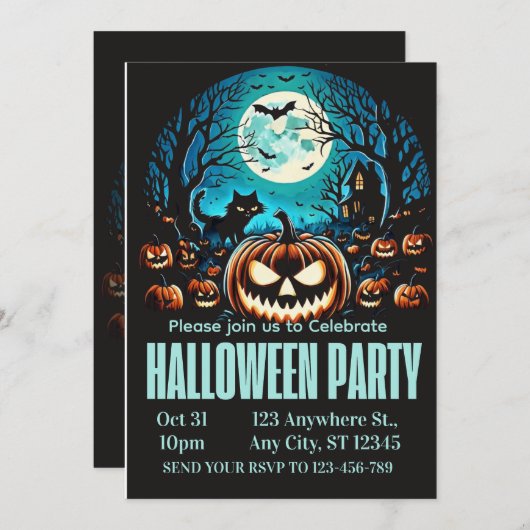 Scary Pumpkin Moonlit Halloween Party Invite 招待状 (正面/裏面)