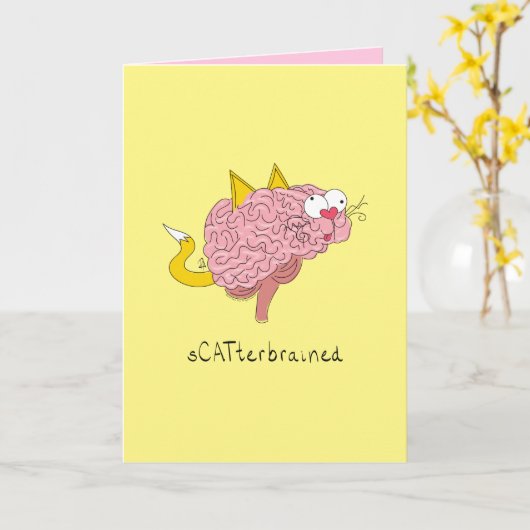 sCATterbrained Cat Brain Greetingおもしろいカード カード (黄色い花)